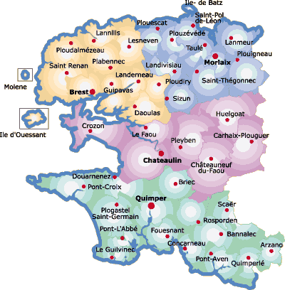 Communes du Finistère : département du Finistère et région du Finistère