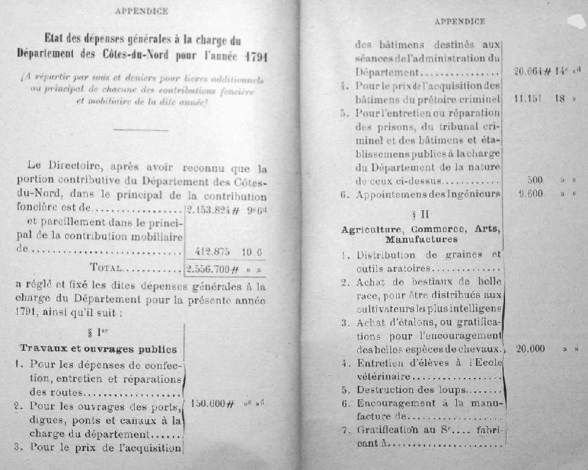 Etat des dpenses  la charge des Ctes-du-Nord pour l'anne 1791