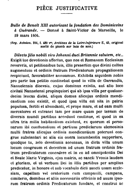 Bulle de Benot XIII autorisant la fondation des Dominicains  Gurande