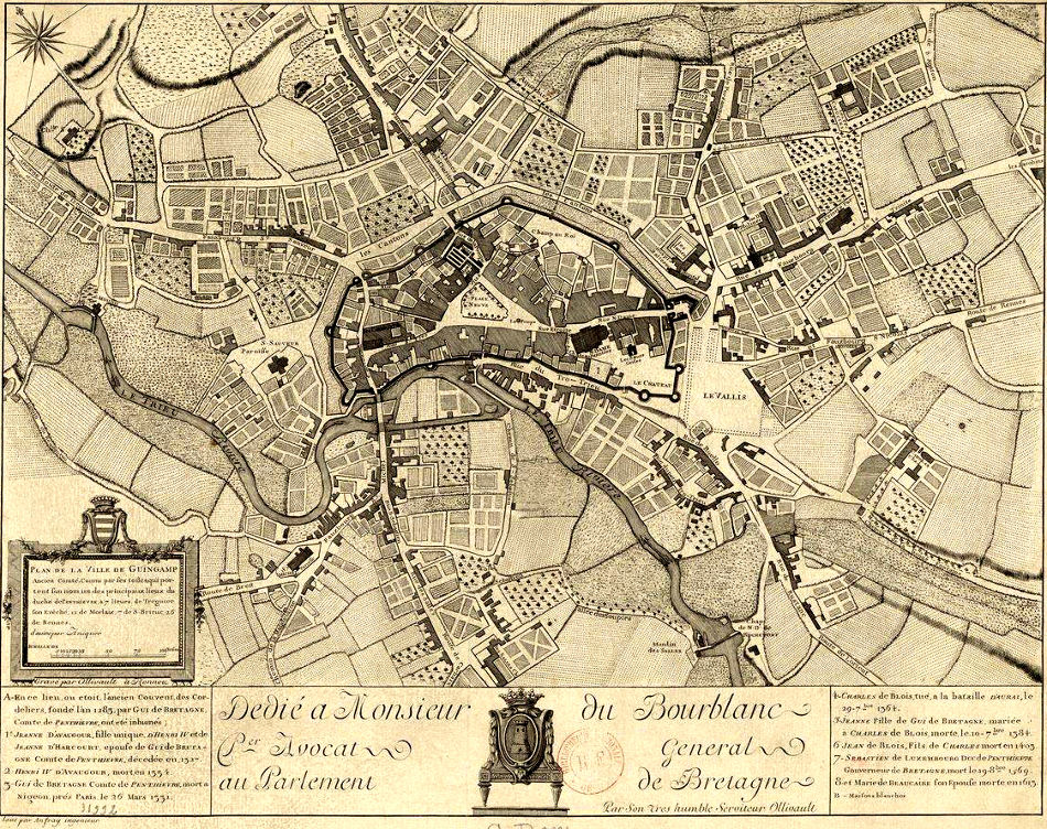 Plan de Guingamp en 1700, dessin par Ansquer ; lev par Anfray, ingnieur 