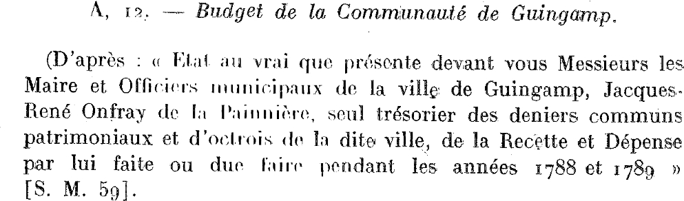 Budget de la communaut de Guingamp (Bretagne) pour les annes 1788-1789.