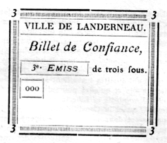 Landerneau (Bretagne) : un billet de confiance de 3 sous.