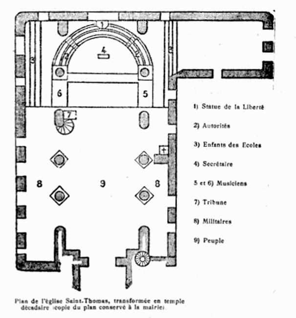 Landerneau (Bretagne) : plan de l'glise Saint-Thomas transforme en temple dcadaire.