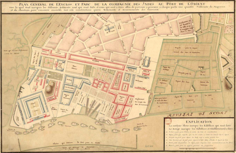 Plan général de l'enclos et parc de la Compagnie des Indes au port de l'Orient (1750).