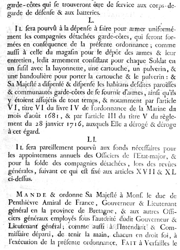 Ordonnance du Roi (1756) concernant les milices de garde-ctes (Bretagne).