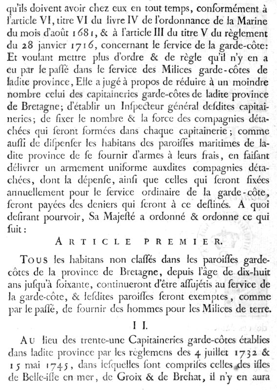 Ordonnance du Roi (1756) concernant les milices de garde-ctes (Bretagne).