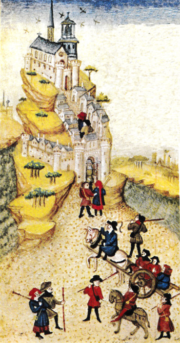 Miniature du Livre d'Heure de Pierre II de Bretagne. Les Plerins montant au Mont-Saint-Michel.