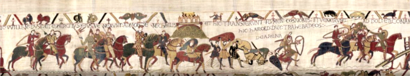 Guillaume le Conqurant passe le Couesnon avec Harold avant son expdition en Bretagne. Scne illustre sur la broderie de Bayeux.