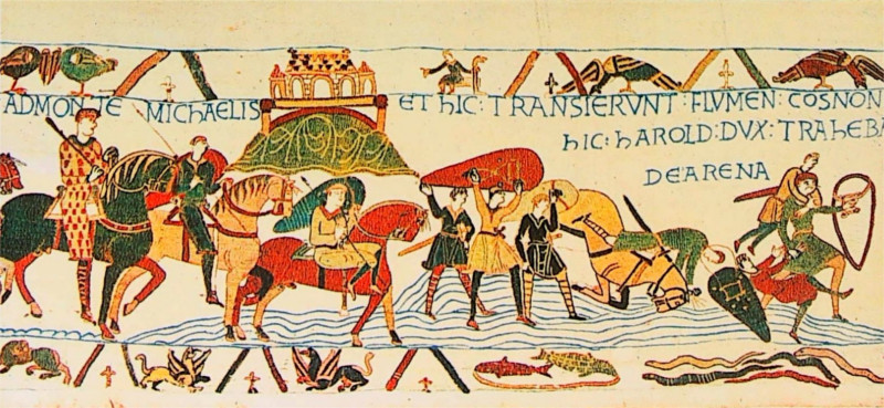 Guillaume le Conqurant passe le Couesnon avec Harold avant son expdition en Bretagne. Scne illustre sur la broderie de Bayeux.