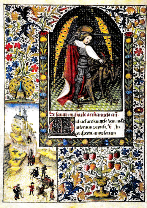 Miniature du Livre d'Heure de Pierre II de Bretagne. Saint-Michel terrassant le dragon et les Plerins montant au Mont-Saint-Michel.