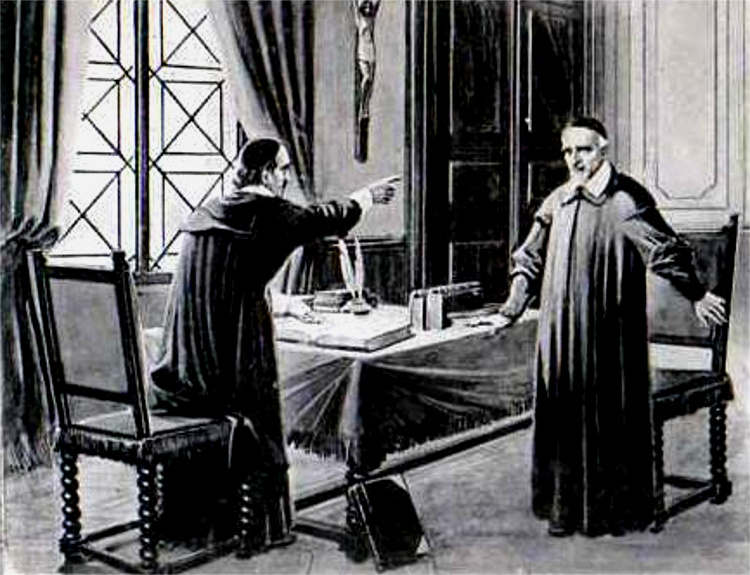 St Vincent de Paul chez l'Abbe de St Cyran fondateur du Jansenisme en France ( (Dessin de Vignola) ).