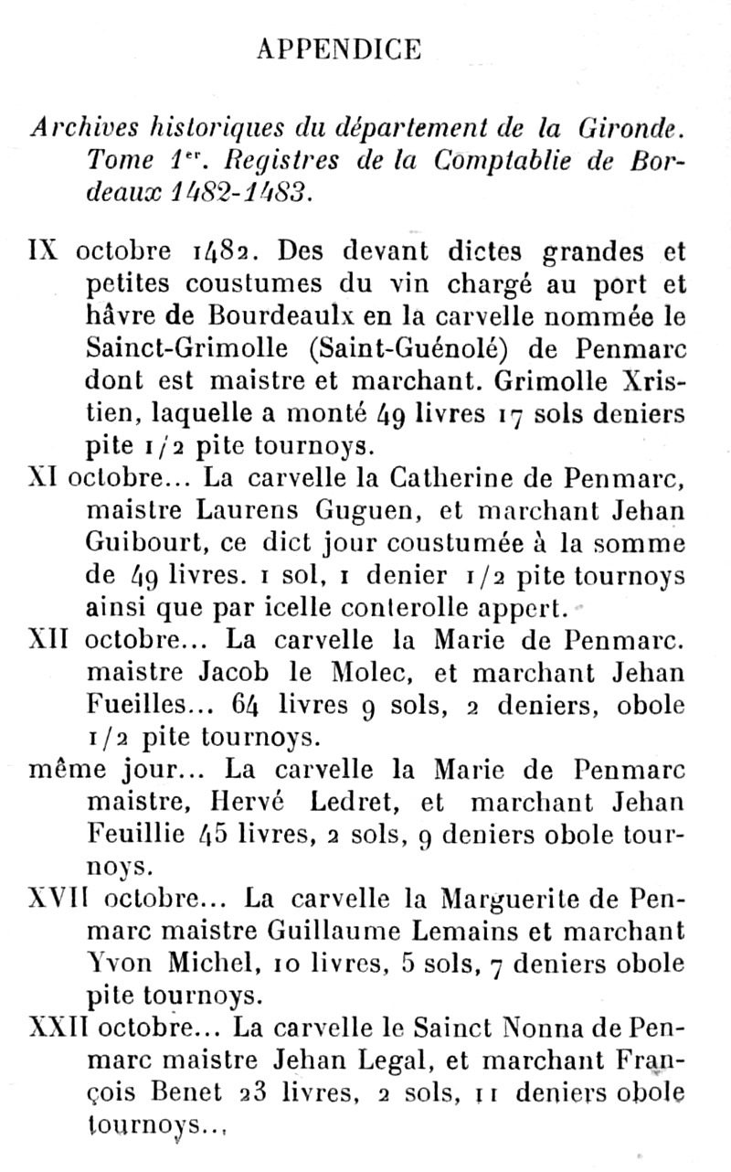 Registres Comptabilit de Bordeaux 1482-1483 (bateaux de Penmarch - liste n1).
