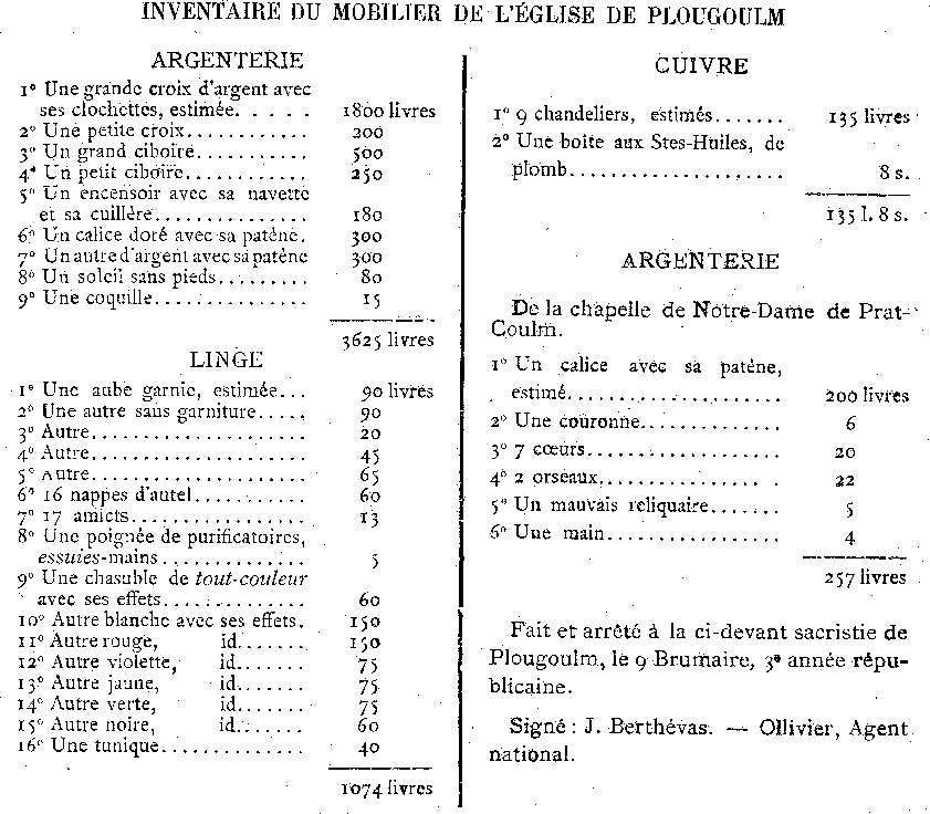 Plougoulm (Bretagne) : Inventaire du mobilier de l'Eglise.