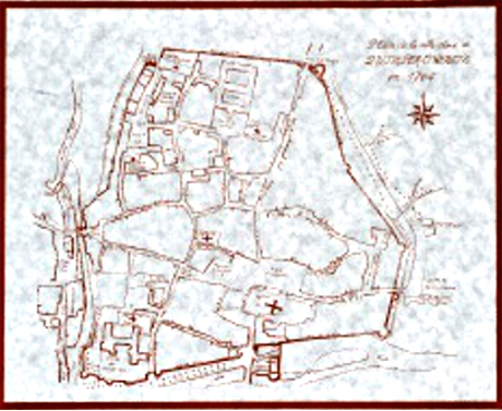Plan de la ville close de Quimper (Bretagne) dat de1764.