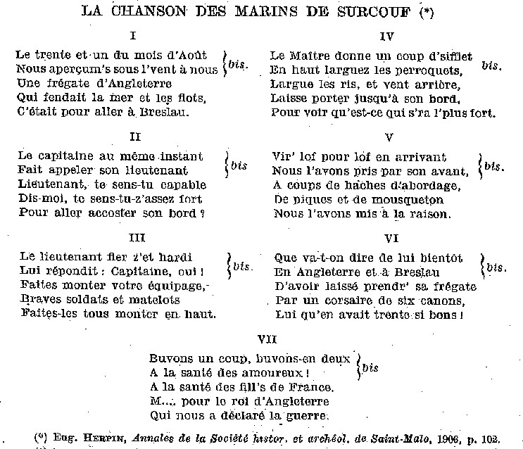 Corsaires malouins : chanson des marins de Surcouf.
